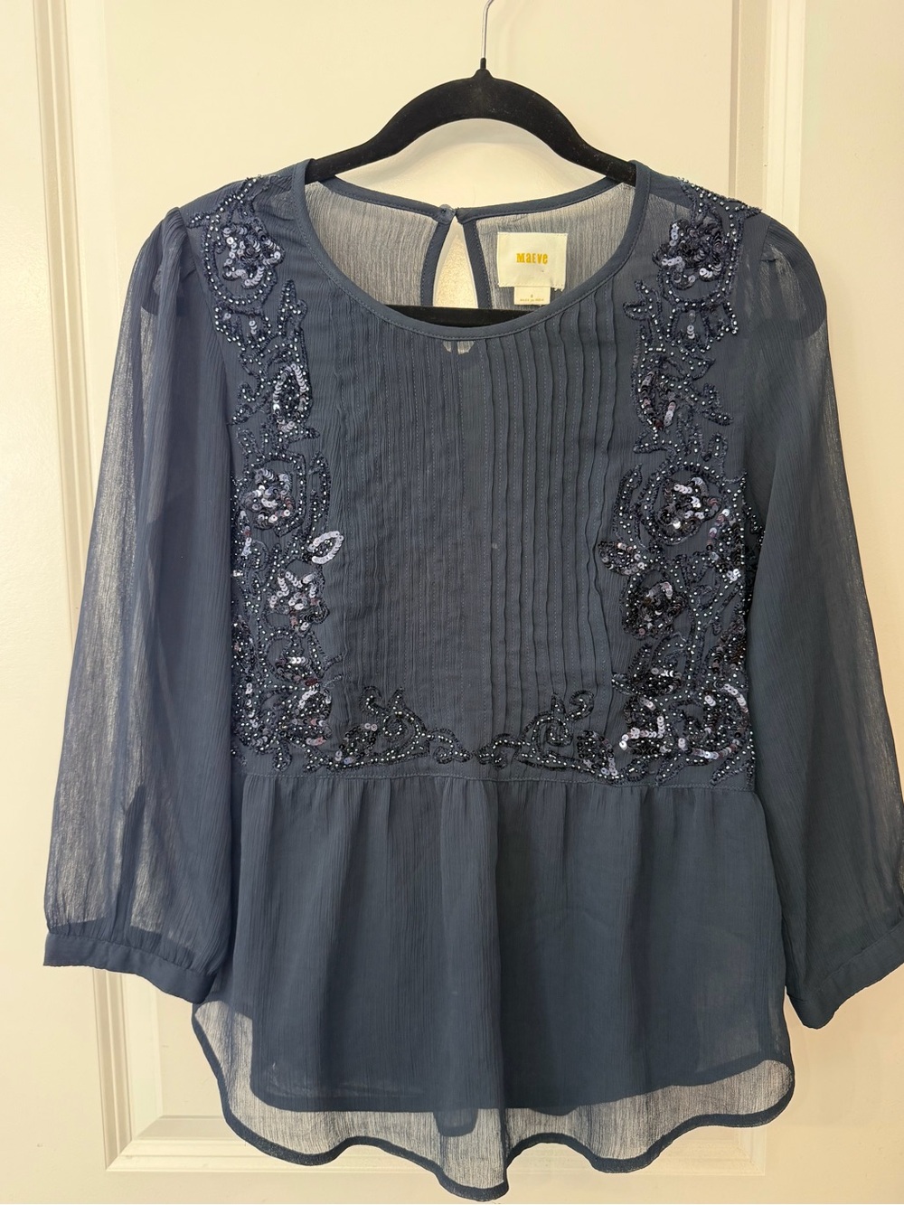 Maeve Navy Sheer Beaded Pintuck Peasant Blouse with Matching Tank